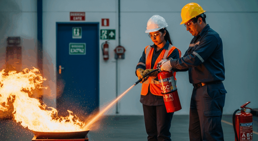 Entrenamiento en prevenci&oacute;n de incendios con extintor ABC, personal con EPP completo en planta industrial, Uruguay