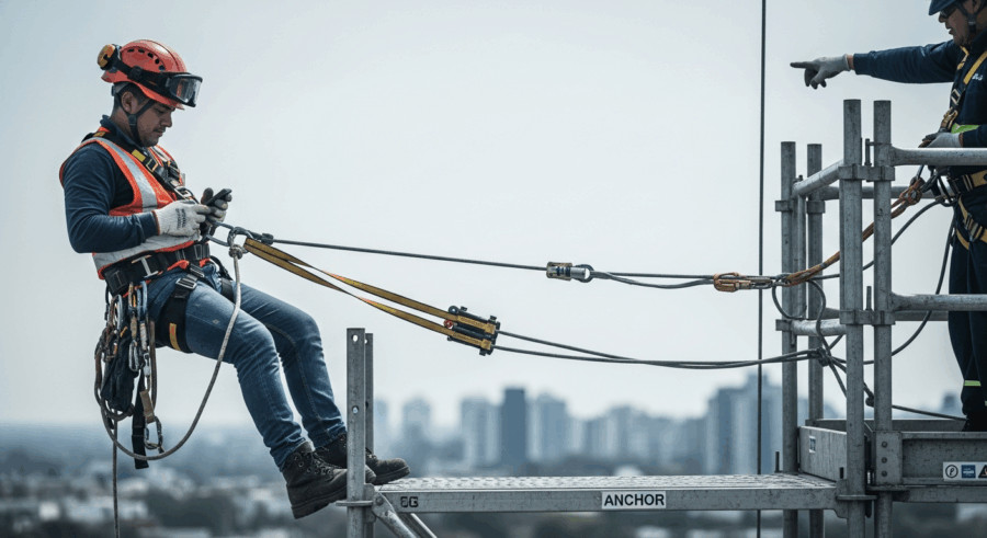 Trabajador con arn&eacute;s clase C conectado a l&iacute;nea de vida en andamio, obra de construcci&oacute;n, Uruguay